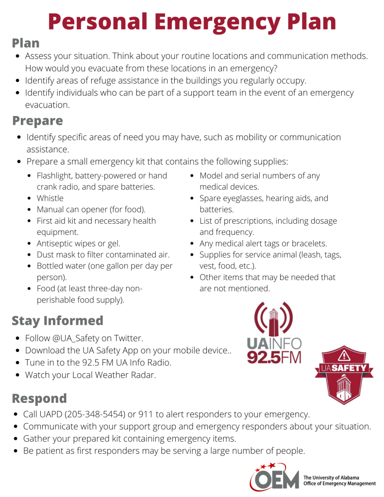 Personal Emergency Plan – Ready.ua.edu 